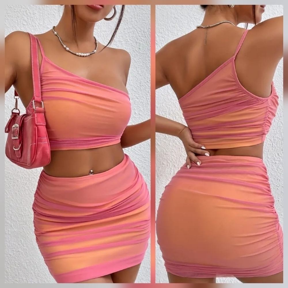 Women's 2pcs Outfit Ruched Mesh One Shoulder Cami And Bodycon Skirt Size Small